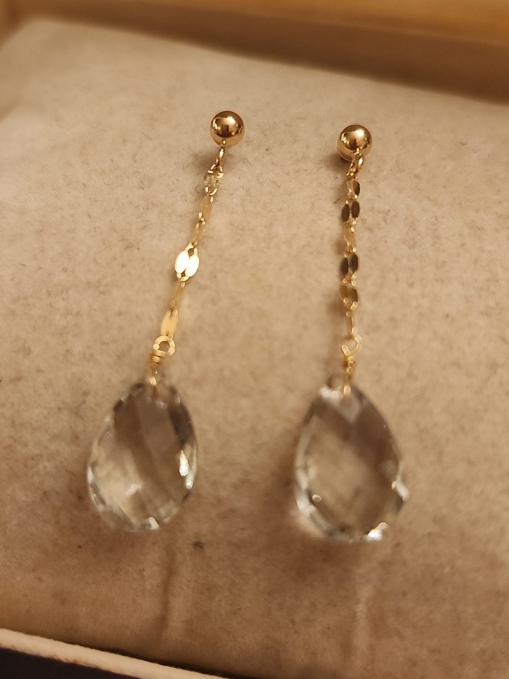 14kt Gold Drop Quart  Dangle Earrings - Elegant Clear Teardrop - Picture 5 of 7
